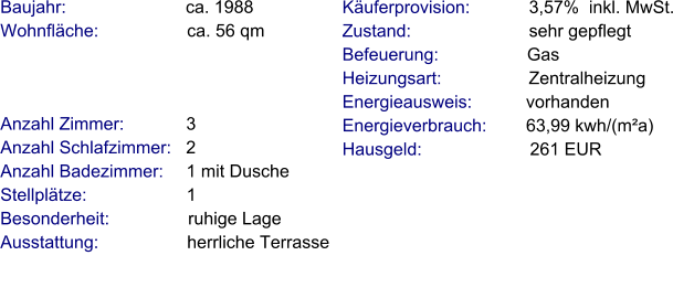 Anzahl Zimmer:            3 Anzahl Schlafzimmer:   2  Anzahl Badezimmer:     1 mit Dusche Stellplätze:                     1   Besonderheit:                ruhige Lage Ausstattung:                  herrliche Terrasse    Baujahr:                         ca. 1988 Wohnfläche:                  ca. 56 qm   Käuferprovision:            3,57%  inkl. MwSt. Zustand:                        sehr gepflegt Befeuerung:                  Gas  Heizungsart:                  Zentralheizung Energieausweis:           vorhanden Energieverbrauch:        63,99 kwh/(m²a) Hausgeld:                      261 EUR